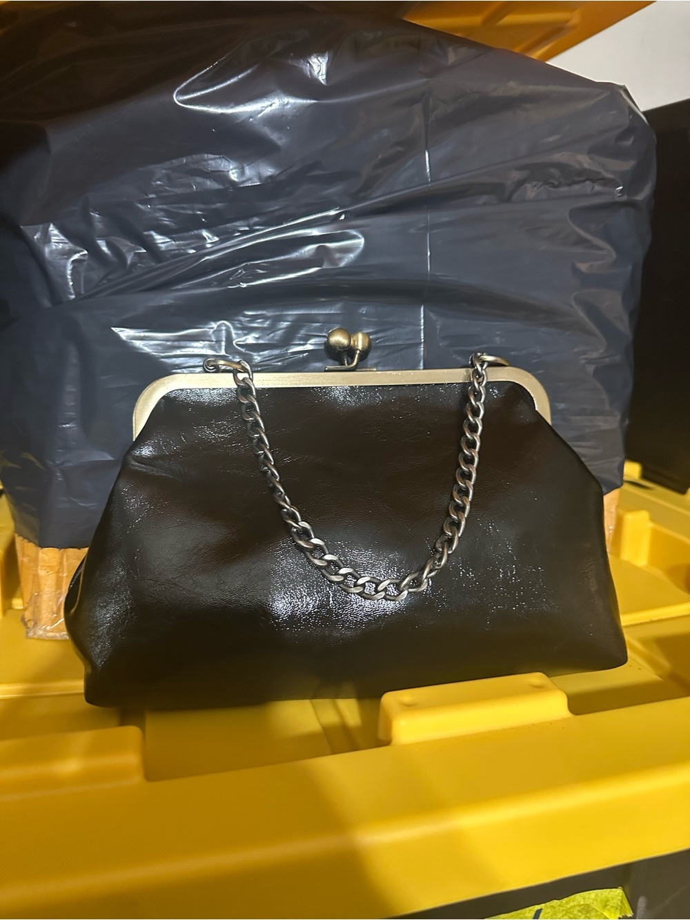 KissLock Black Leather Like Frame-Top Chain Crossbody  Bag